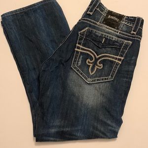 ROCK REVIVAL Men's Helmut Straight Leg Vintage Jeans Fleur Embroidery Big Stitch